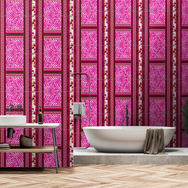 papier peint rose et blanc avec croix dessus (Salle de bain)