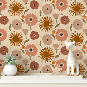 Papier Peint Rose Rétro et Motif Floral Moutarde