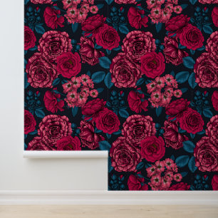 Papier Peint rose, rouge et bi-color roses with blue leaves on 