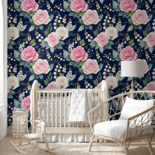 Papier Peint Roses blanches roses Lys de la Vallée Marine Bleu