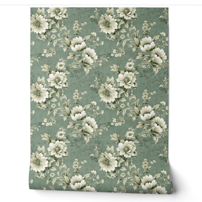 Papier Peint Roses chic chic floral pastel vert ivoire pastel (Déroulement)