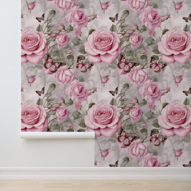 Papier Peint Roses roses et papillons d'eau (Application)