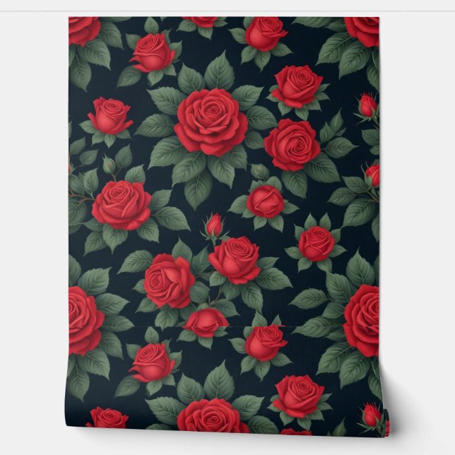 Papier Peint Roses rouges élégantes avec Feuilles verts luxuria (Déroulement)