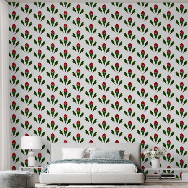 Papier Peint Roses rouges élégantes et Motif vert Holly (Chambre à coucher)