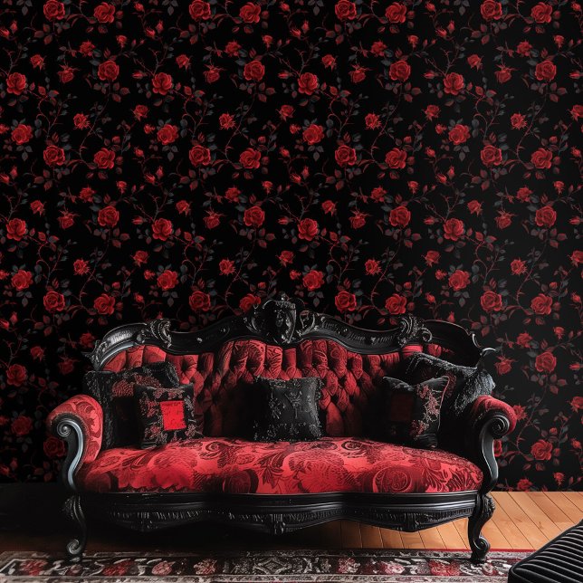 Papier Peint Roses rouges profondes gothiques sur fond noir (Créateur téléchargé)