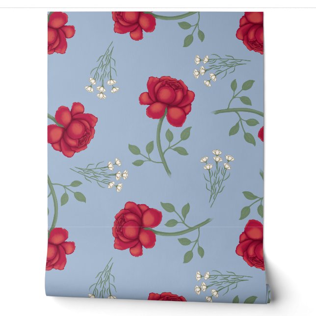 Papier Peint Roses rouges sur bleu clair Calico surdimensionné (Déroulement)