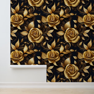 Papier Peint Roses vintages de Floral d'or victorien sur noir