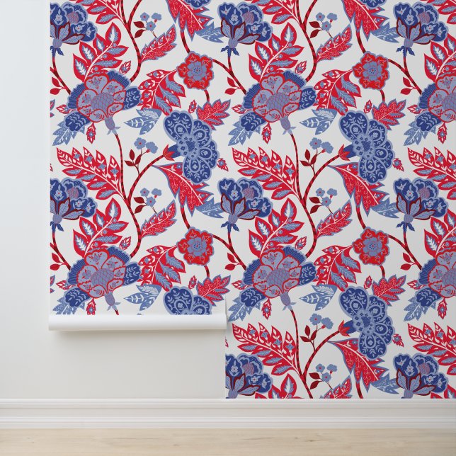 Papier Peint Rouge blanc & bleu Indien motif floral (Application)