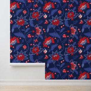 Papier Peint Rouge, blanc, marine et bleu Indien modèle floral