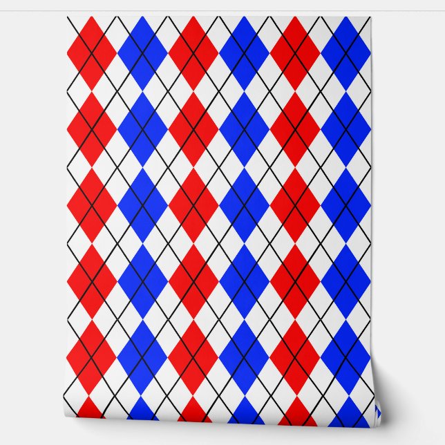 Papier Peint Rouge Bleu Blanc Jacquard Diamant Motif Design (Déroulement)