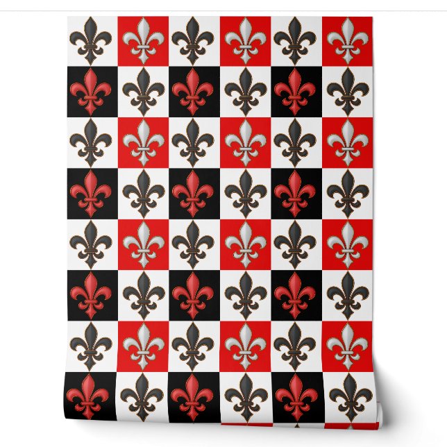 Papier Peint Rouge Noir Blanc À damiers Fleur de lis Design (Déroulement)