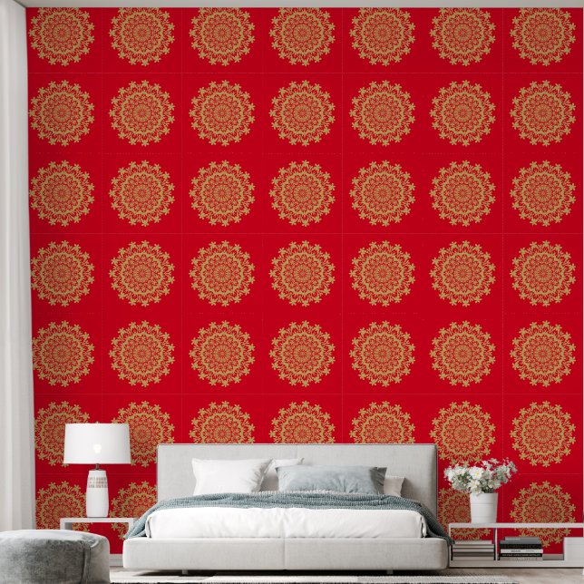 Papier Peint Rouge or Floral Abstrait Mandala (Chambre à coucher)