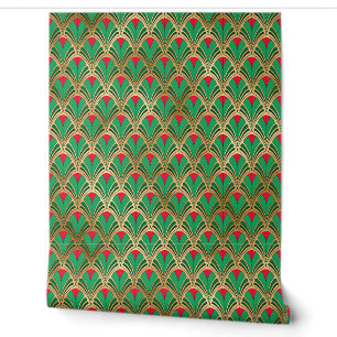 Papier Peint Rouge Vert Or Art Déco Élégant Autocollant