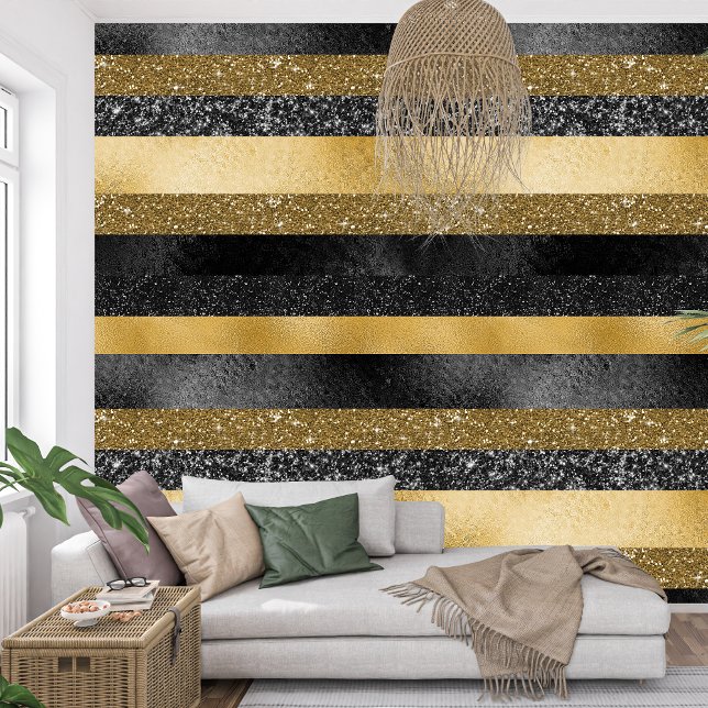 Papier Peint Royal French Sparkle rayures noir et or (Royal French Sparkle black and golden stripes Wallpaper)