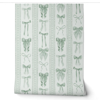 Papier Peint Rubans Vert Sauge et Rayures Verticales en Dentell