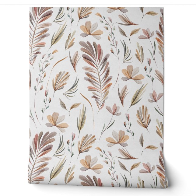 Papier Peint Rustique aquarelle Feuilles en terre cuite (Déroulement)