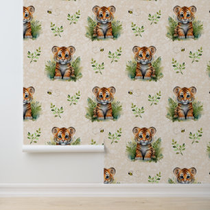 Papier Peint Safari Animaux Baby Tiger Cub Verdure sur Crème