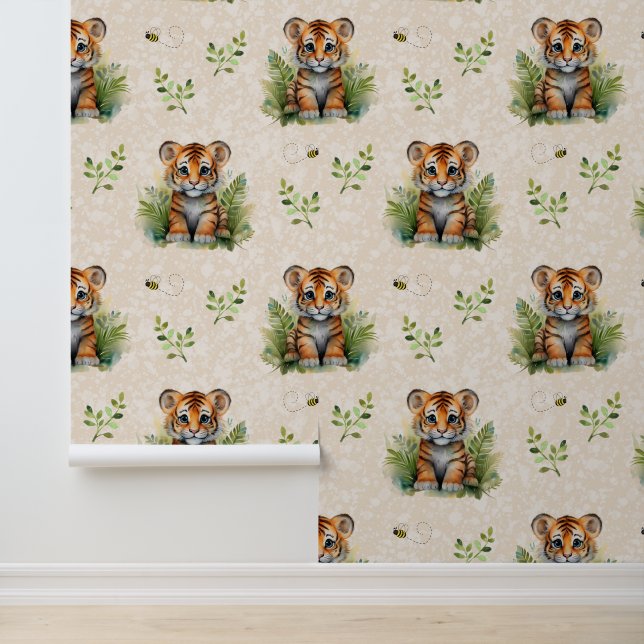 Papier Peint Safari Animaux Baby Tiger Cub Verdure sur Crème (Application)