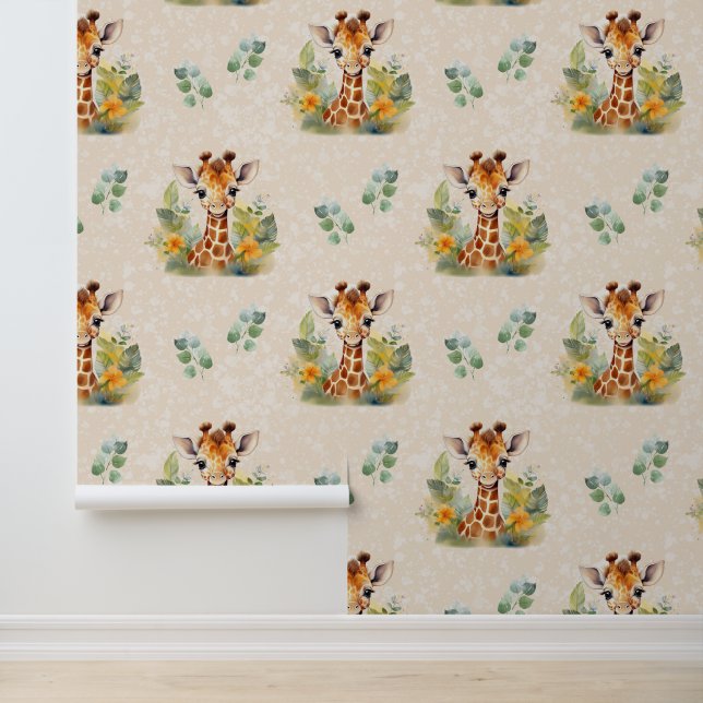 Papier Peint Safari Animaux Bébé Girafe Verdure sur crème (Application)