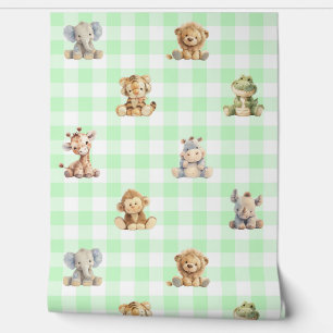 Papier Peint Safari Animaux Jouets Green Plaid Baby Nursery