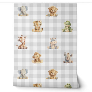 Papier Peint Safari Animaux Jouets Gris Plaid Baby Boy Nursery
