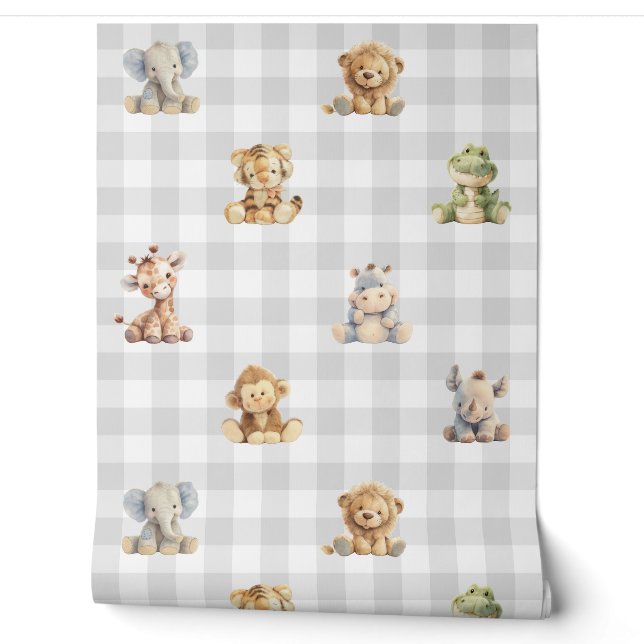 Papier Peint Safari Animaux Jouets Gris Plaid Baby Boy Nursery (Déroulement)