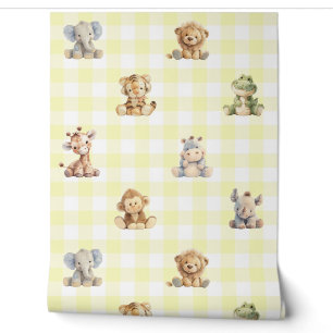 Papier Peint Safari Animaux Jouets Jaune Plaid Baby Nursery