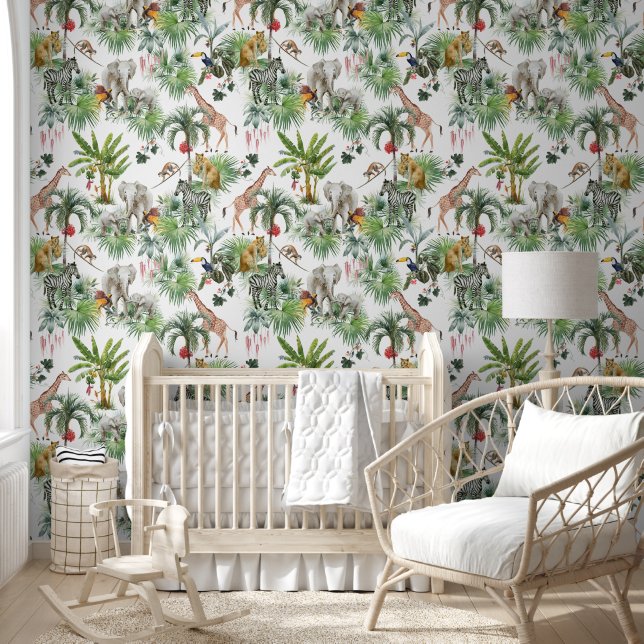 Papier Peint Safari Bébé Animaux Jungle Green (Enfants)