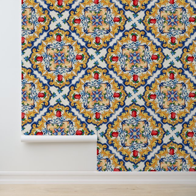 Papier Peint Saffron profond Rouge Floral Sicilien Majolica Car (Application)