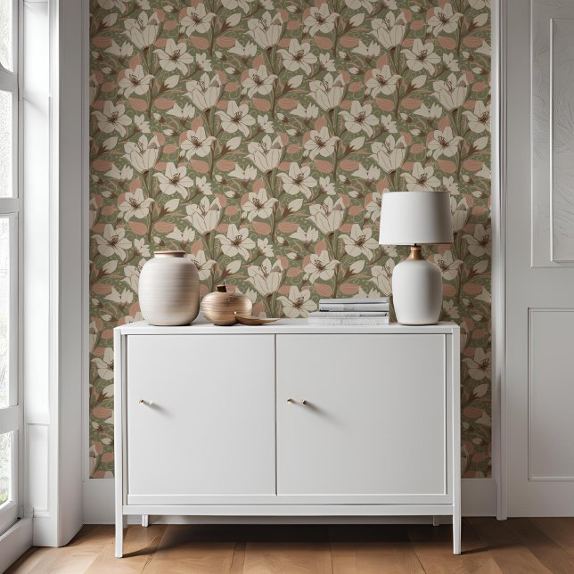 Papier Peint Sage Botanique Vert Beige Lily Floral Modèle (Créateur téléchargé)