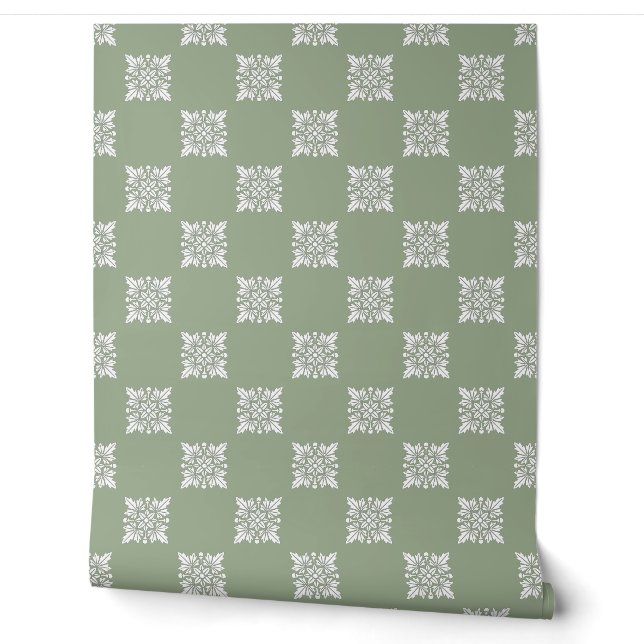 Papier Peint Sage Green Géométrique Peel et Bâton Floral (Déroulement)