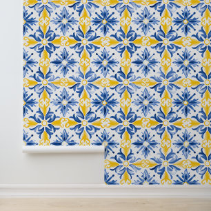 Papier Peint Salle de carreaux de motif méditerranéen bleu jaun