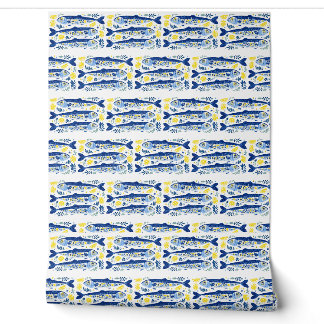 Papier Peint Sardines bleues et jaunes d'été méditerranéen
