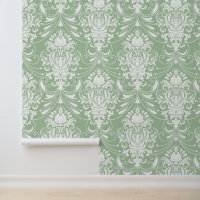 Sauge blanche verte motif damassé ornemental vinta