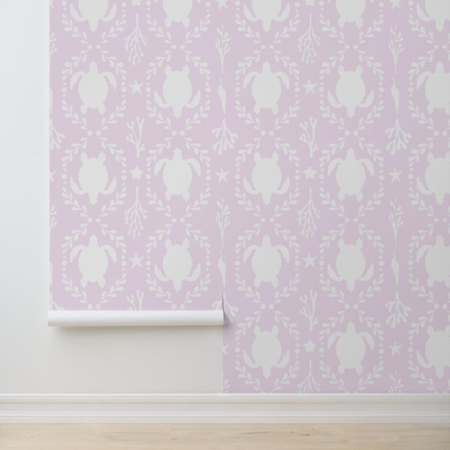 Papier Peint Sea Turtles and Starfish Coastal in Light Pink (Application)