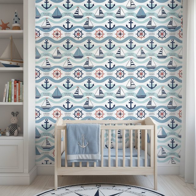 Papier Peint Seaside Blue Sailboats & Anchors Pattern ID1258 (Créateur téléchargé)