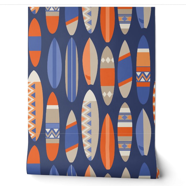 Papier Peint Secret Beach Hawaiian Surfboards - Navy et Orange (Déroulement)