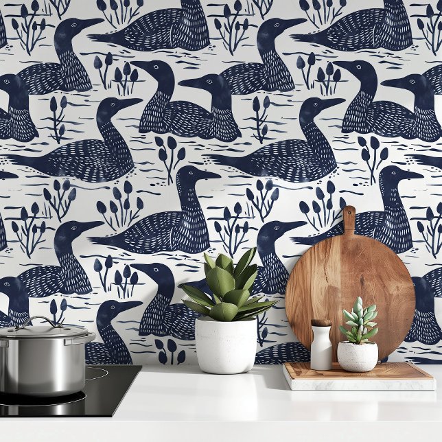 Papier Peint Serene Loon Motif Bleu et blanc Design de la natur (Créateur téléchargé)