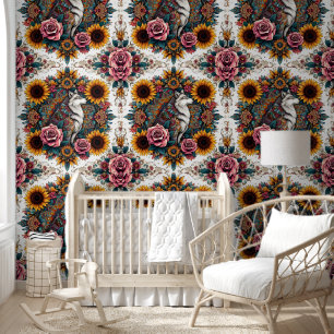 Papier Peint Serene Wolf & Sunflower Rose Élégance