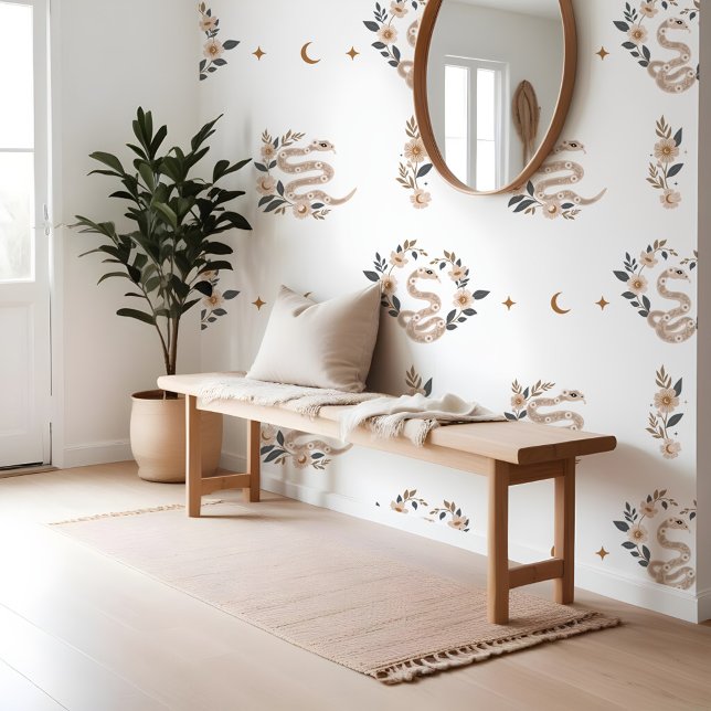 Papier Peint Serpent holistique bohème Floral Sun & Moon Motif (Bohemian Floral Holistic Snake Sun & Moon Pattern Wallpaper)