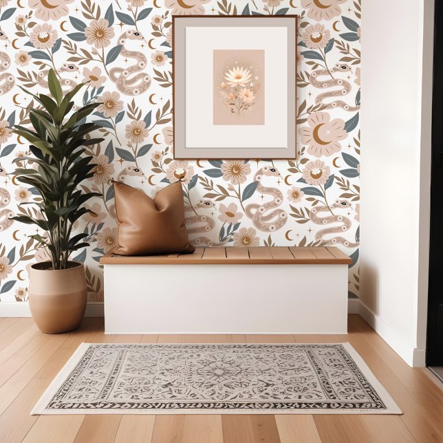 Papier Peint Serpent holistique bohème Floral Sun & Moon Motif (Bohemian Floral Holistic Snake Sun & Moon Pattern Wallpaper)