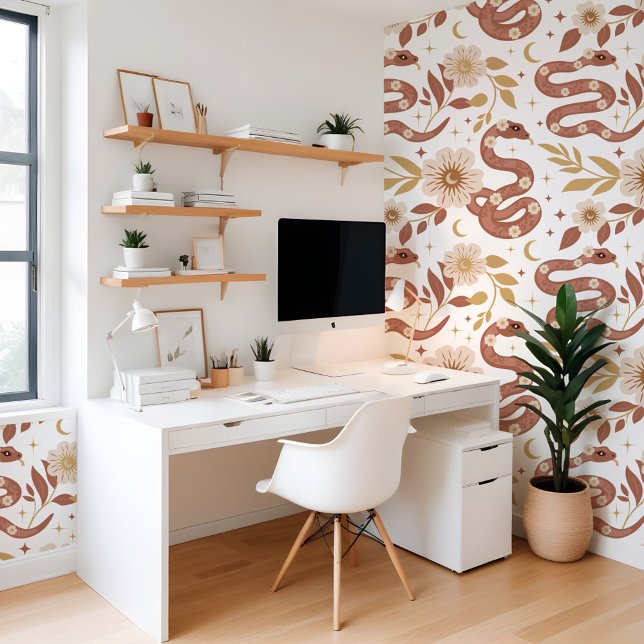 Papier Peint Serpent holistique bohème Floral Sun & Moon Motif (Bohemian Floral Holistic Snake Sun & Moon Pattern Wallpaper)