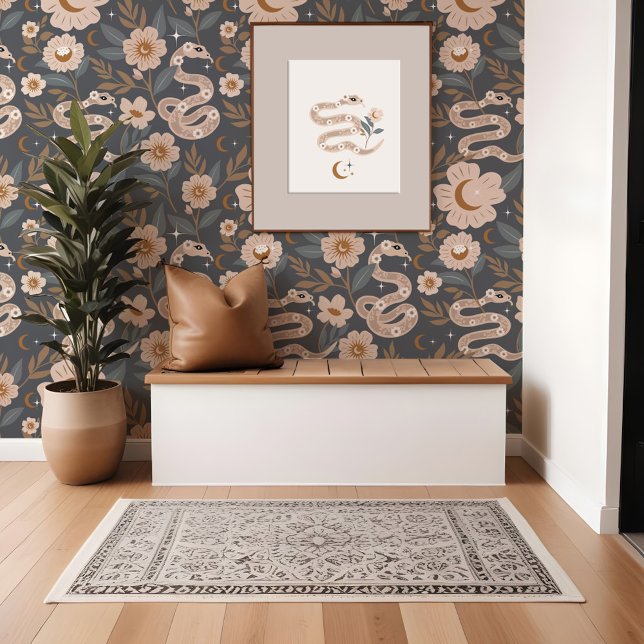 Papier Peint Serpent holistique bohème Floral Sun & Moon Motif (Bohemian Floral Holistic Snake Sun & Moon Pattern Wallpaper)
