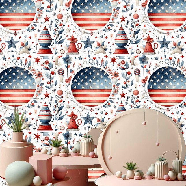 Papier Peint Shabby Chic Star Stripes Rouge Bleu et Blanc Paste (Shabby Chic Star Stripes Red Blue and White Pastel Wallpaper)