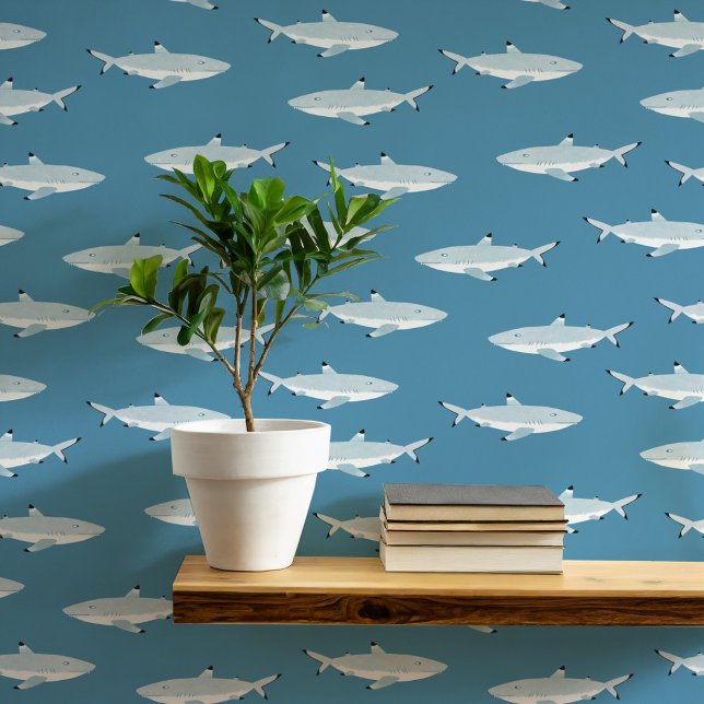 Papier Peint Shark Nautical Turquoise Green Art (Fun shark underwater themed teal green nautical wallpaper)