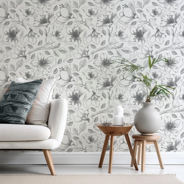 Papier Peint Sketched Floral Outline Pattern Gray/Wht ID939 (Créateur téléchargé)
