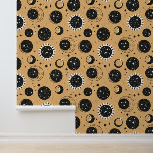 Papier Peint Soleil Lune Étoiles Célestes Mystiques Motif Doré