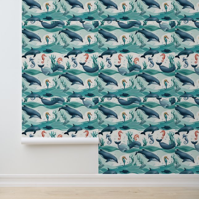 Papier Peint Sous la mer avec dauphins et hippocampes amovibles (Application)