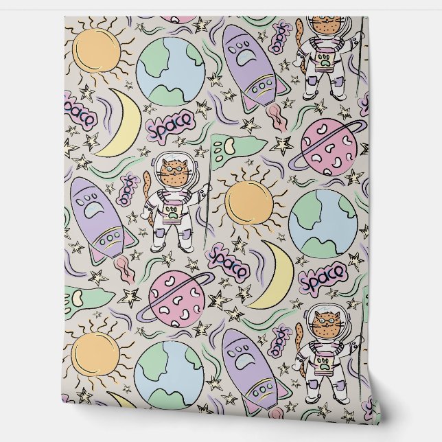 Papier Peint Space Cat - Cat Doodles - Astronaut Animals (Déroulement)