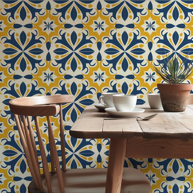 Papier Peint Splendor éclairé : Carreaux azulejo bleu et jaune (Créateur téléchargé)